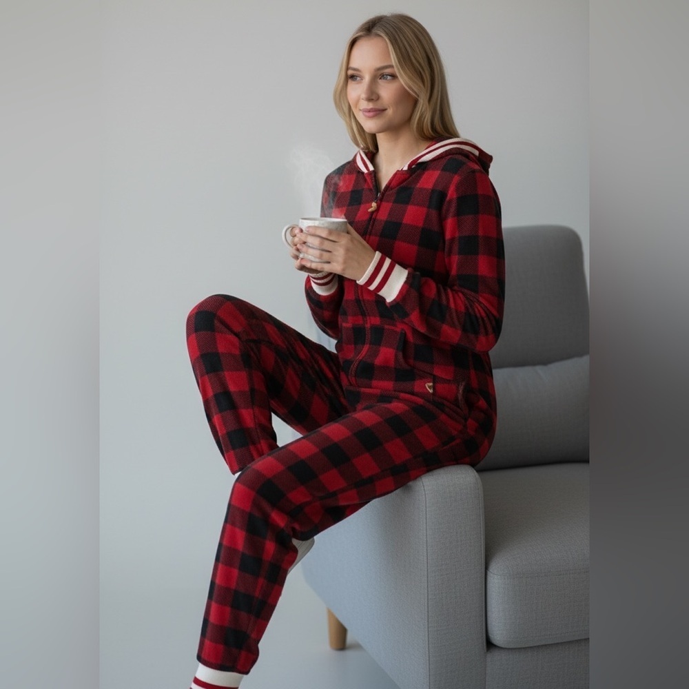 Plaid Red and Black Women's Onesie Pajama with hood.